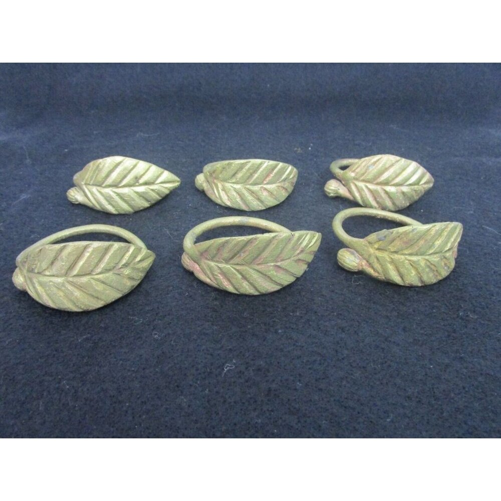 Pounded Forged Metal Leaf Napkin Rings Set of 6 Rustic Farmhouse Flat Gold Color